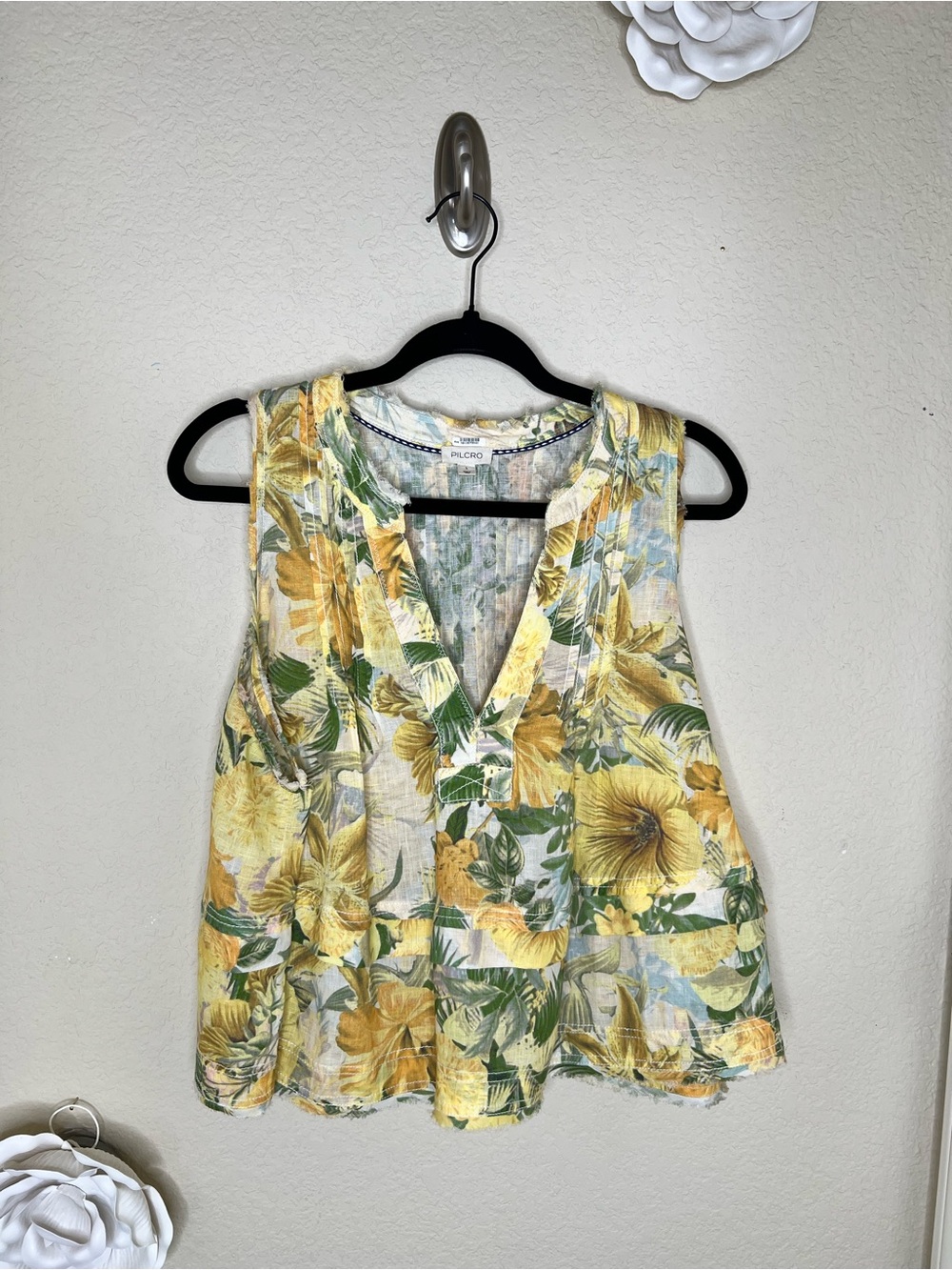 NTM: Pilcro Anthropologie Raw-Edge Linen Floral Swing Tank Top L